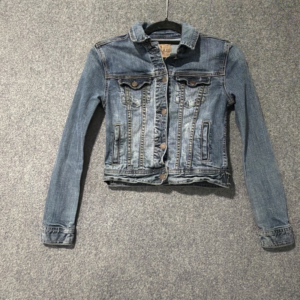 WHO.A.U American Vintage Distressed Denim Trucker Jacket XS Blue Faded Y2K